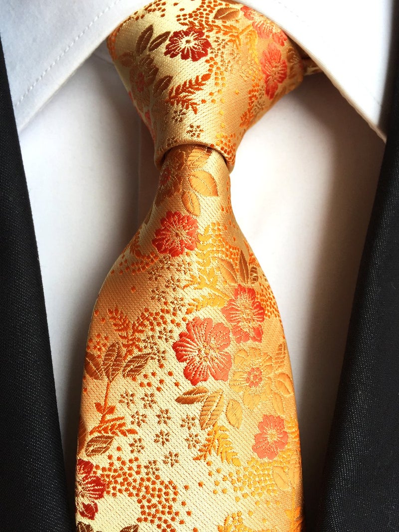Ctskyte Mens Orange Yellow Tie Floral Woven Silk Formal Self Necktie Fashion Accessories - Image 2